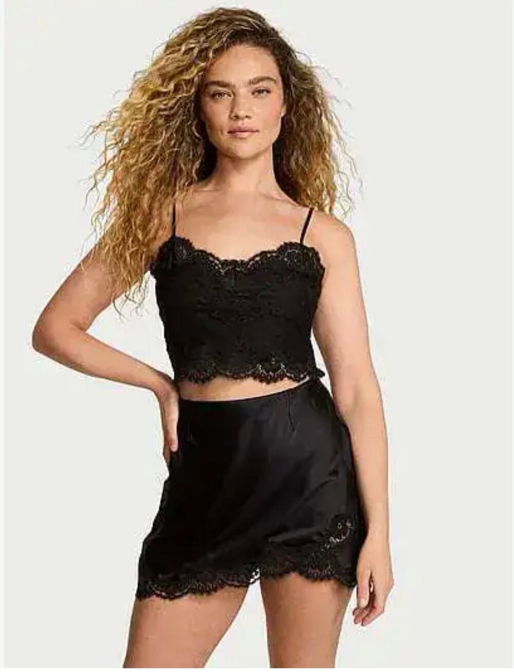 NWT Victoria’s Secret Satin Lace Cami & Mini Skirt Set Black size medium
